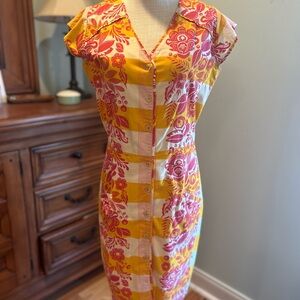 Vibrant Floral Midi Dress in Yellow and Pink